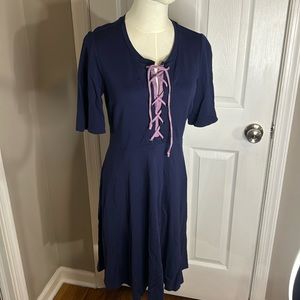 Maeve navy blue dress with front lace tie in lavender.